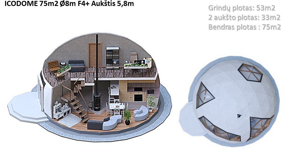 75m2 Family Geodesic House Ø8m Height 5,8m